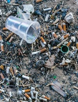 Junk Plastic Drinking Cup and Cigarette Butts on Dust Stock Photos