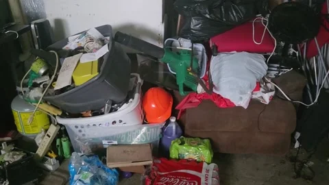 Junk Stacked Inside of House Garage Video stock 213615523