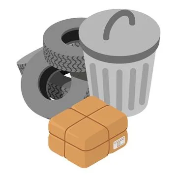 Junkyard icon isometric vector. Worn car tire and parcel box near metal urn icon 库存插图