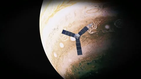 Juno Mission spacecraft flying over stormy clouds of Jupiter Stock Footage 329068338