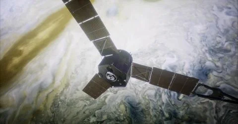 Juno spacecraft exploring the clouds of Jupiter during space mission Stock Illustration