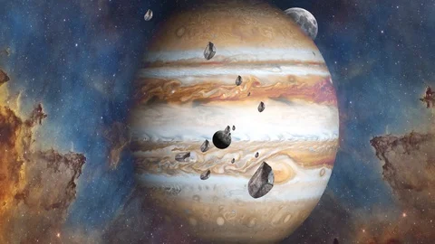 Jupiter and meteorites with Nebula background. Stock Footage 97866419