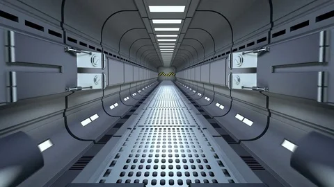 Jupiter on backdrop, Camera flies out of tunnel and flying in space station door Stock Footage 85050512