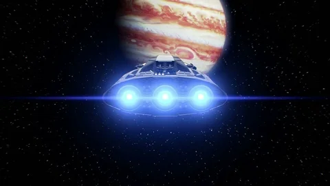Jupiter on background, extraterrestrial sci-fi spaceship approaching to Planet Vídeo Stock 85068745