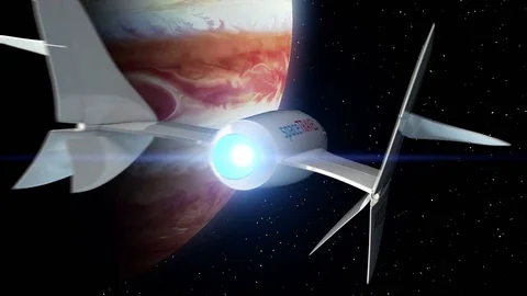 Jupiter on the background. Fictional spaceplane flies past Planet. Stock Footage 85066797