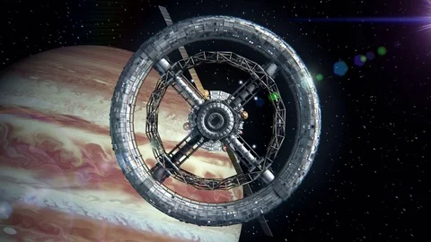 Jupiter on the background. Flight through the gates of the sci-fi space station Stock Footage 85058356