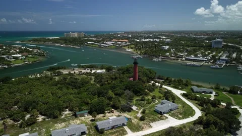 Jupiter Inlet &amp; Lighthouse Forward Spiral Shot Stock Footage 344348583