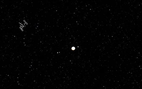 Jupiter, its moons and a space station with stars in the background 写真素材
