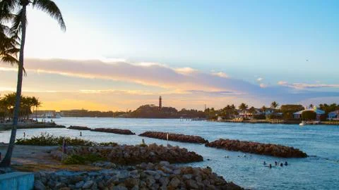 Jupiter Lighthouse at Local Beach Park with Palm Trees Stock Photos