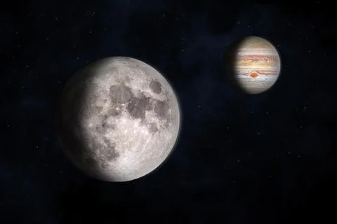 Jupiter, Moon and nebula. Fotos Stock