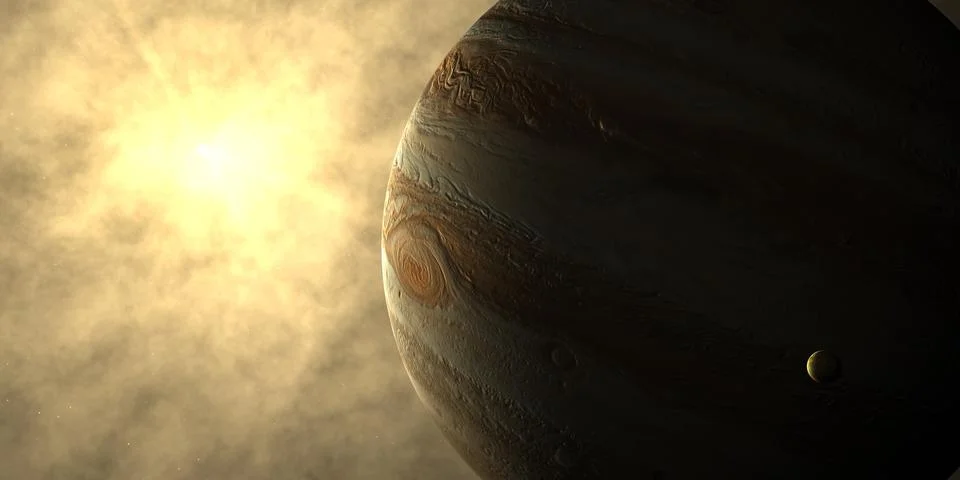 Jupiter planet with Io moon orbiting and sun and solar atmosphere Stock Illustration