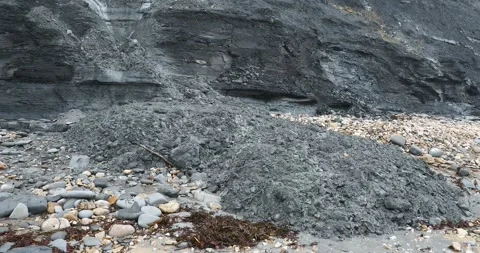 Jurassic cliffs slumping onto the beach of Charmouth in Devon. Stock Footage 302493339