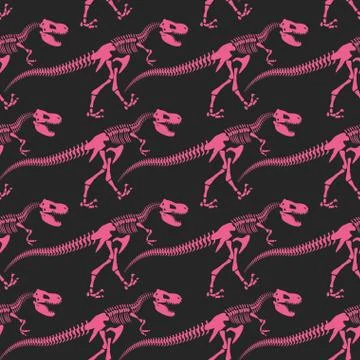 Jurassic dinosaur bones seamless pattern. Tyrannosaurus skeleton pink. Ancien Stock Illustration