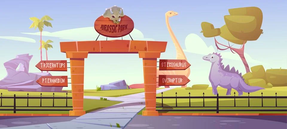 Jurassic park gates with pointers to dinosaur area Stock Illustration