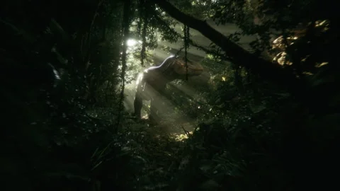 Jurassic T-Rex captured in a vibrant jungle scene Stock Footage 295173598