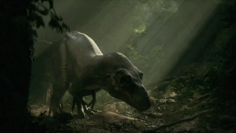 Jurassic T-Rex navigating through a vibrant prehistoric landscape Stock Footage 295178485