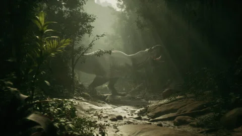 Jurassic T-Rex roaring under dramatic jungle lighting Stock Footage 295178856
