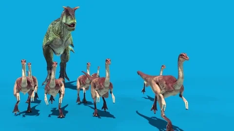 Jurassic World Carnotaurus Attack Gallimimus Blue Screen 3D Rendering Animati Video stock 81145932