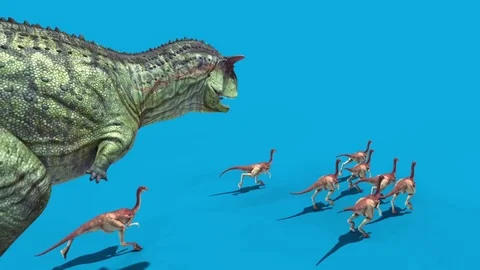 Jurassic World Carnotaurus Attack Gallimimus Top Blue Screen 3D Rendering Ani Video stock 81146227