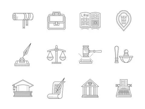 Jurisprudence flat line vector icons set Stock Illustration