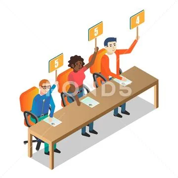 Jury judges holding scorecards vector isometric illustration Stock Illustration