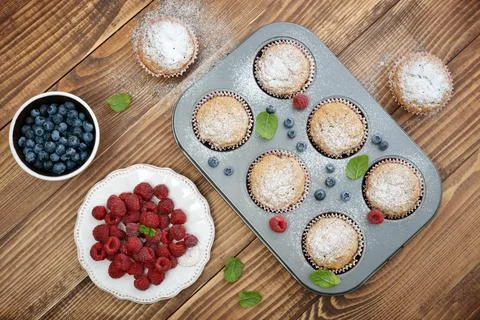 Just Baked  Muffins In Bakeware Stock Photos