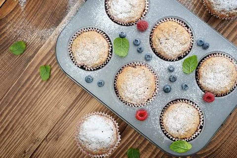 Just Baked  Muffins In Bakeware Stock Photos