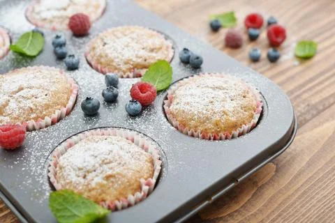 Just Baked  Muffins In Bakeware Stock Photos