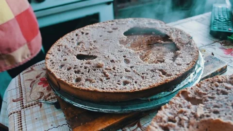 Just baked pie spoiled with a huge hole inside Stock Footage