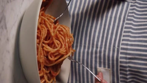 Just cooked spaghetti. tomato red spaghetti on dish. Tasty traditional spaghetti Stock Footage 230420507