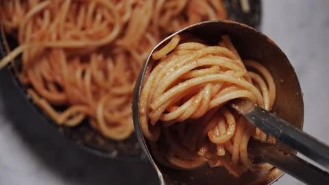Just cooked spaghetti . tomato red spaghetti closeup. Tasty traditional  Stock Footage 230420609