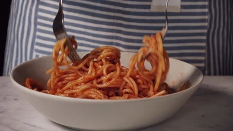 Just cooked spaghetti. tomato red spaghetti on dish. Tasty traditional spaghetti Stock Footage 230420985