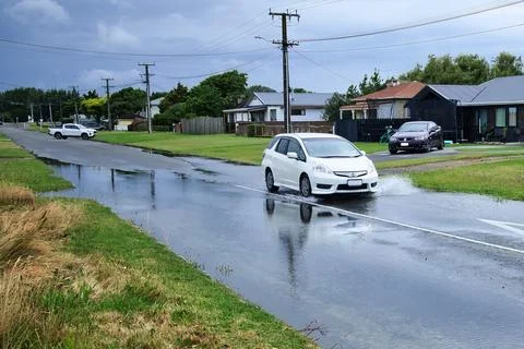 Just Drive Through Flooding Flutter Street Foxton New Zealand Stock Photos