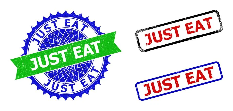 JUST EAT Rosette and Rectangle Bicolor Stamps with Unclean Textures Stock Illustration