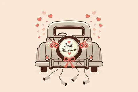 Just Married car back view flat vector illustration Stock Illustration