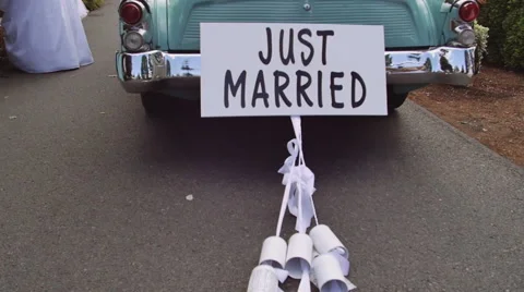 Just Married Car with Cans Slow Motion Stock Footage