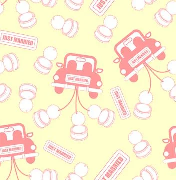 Just married car pattern seamless. Newlyweds car background Stock Illustration