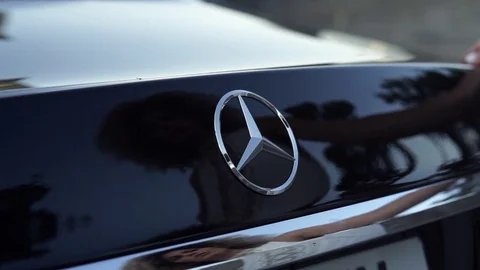 Just Married Car wedding Bride and groom white car. Mercedes Benz loving couple. Stock Footage 81476239