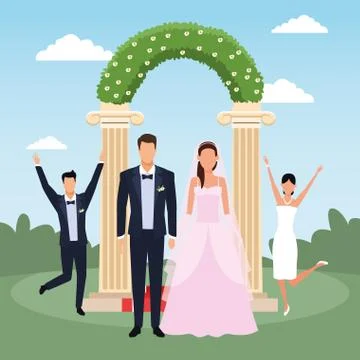 Just married couple standing and other married couple excited over floral arch Ilustração Stock