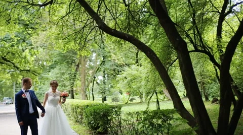 Just married couple is walking down the path in the park. The bride holding a Stock Footage 66004220
