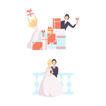 Just Married Couples Set, Bride and Groom Opening Gift Boxes after Wedding Stock Illustration