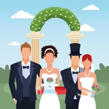 Just married couples standing over floral arch and landscape background Ilustração Stock