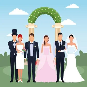 Just married couples standing over floral weding arch and landscape background Ilustração Stock