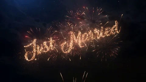Just Married greeting text with colored slow motion fireworks Vidéo 72265042
