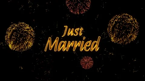 Just Married Greeting text with particles, colored fireworks, sparks and stars Stock Footage 99055925