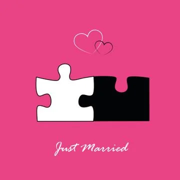Just married inviting card for wedding with puzzle on pink Illustrazione stock
