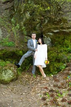 Just  married   standing at wall Stock Photos