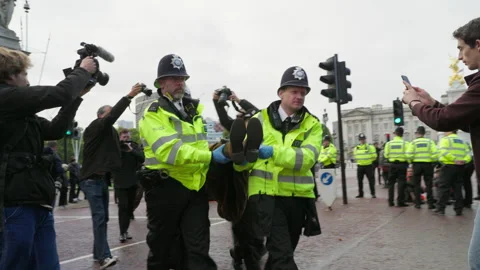 Just Stop Oil Protestor Arrrested by Police for Blockading Road in London 库存影片 218619847