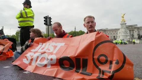 Just Stop Oil Sit Down Protest Blocks Traffic in Front of Buckingham Palace Stock Footage 218476405