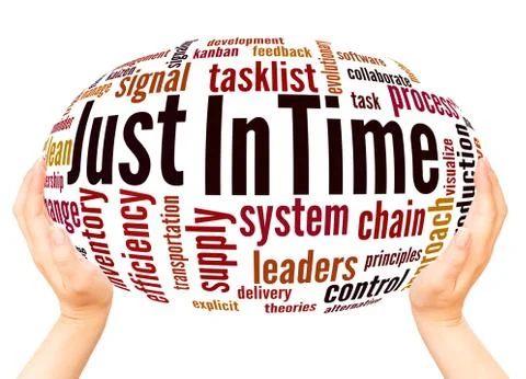 Just In Time word cloud hand sphere concept Foto stock